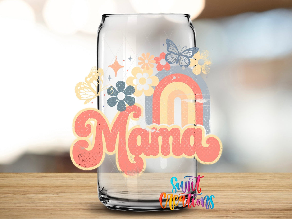 Close-up of the Mama pastel rainbow UV DTF transfer on a clear glass can