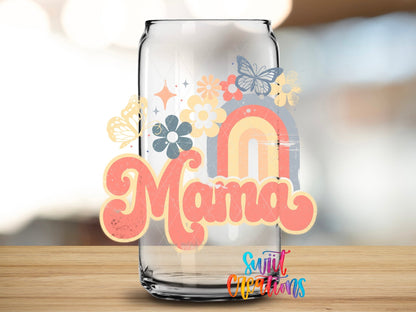 Close-up of the Mama pastel rainbow UV DTF transfer on a clear glass can