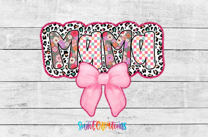 Mama leopard letters and pink bow UV DTF transfer artwork on a white wood background