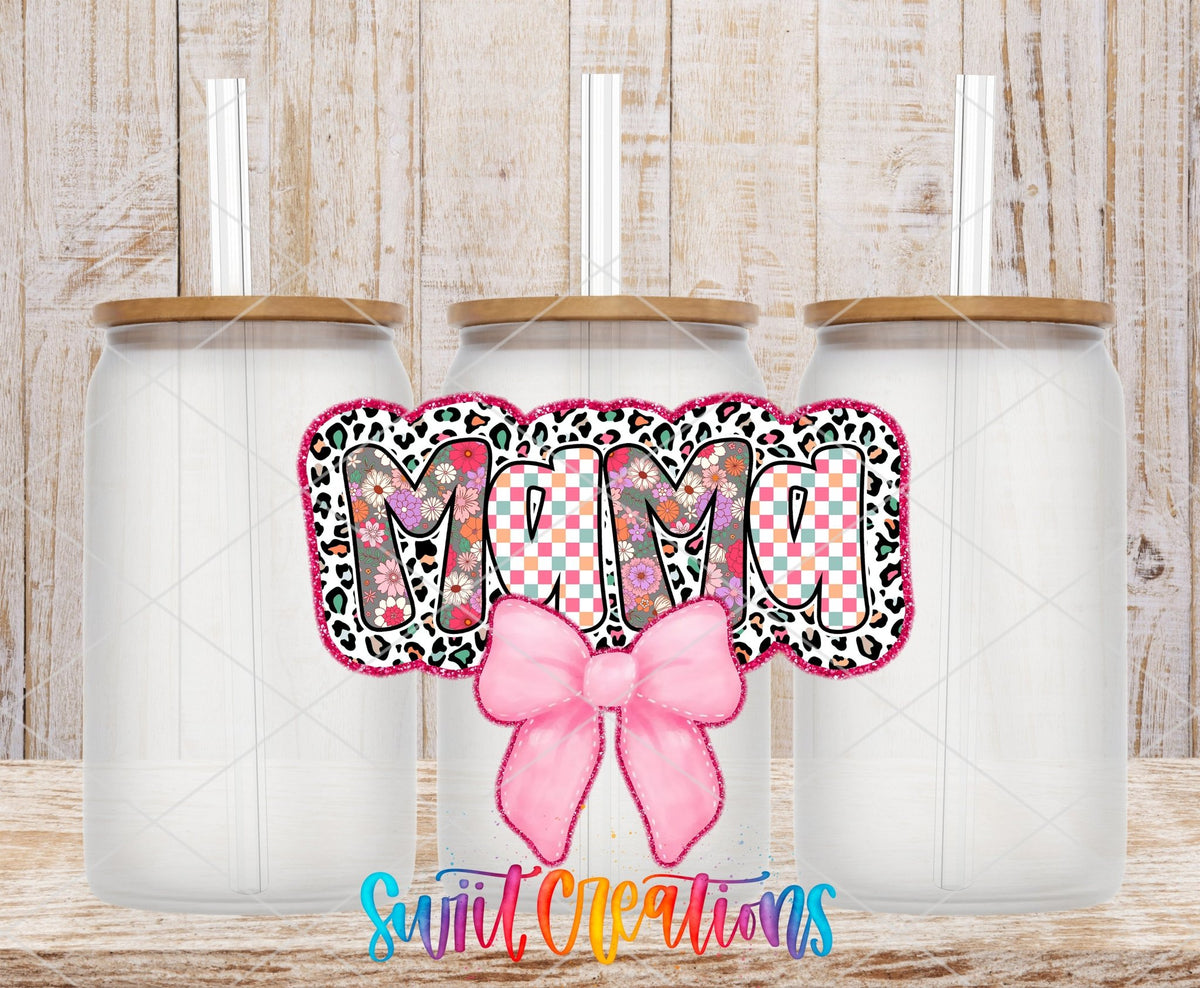 Mama leopard letters and pink bow UV DTF transfer on frosted glass cans with bamboo lids
