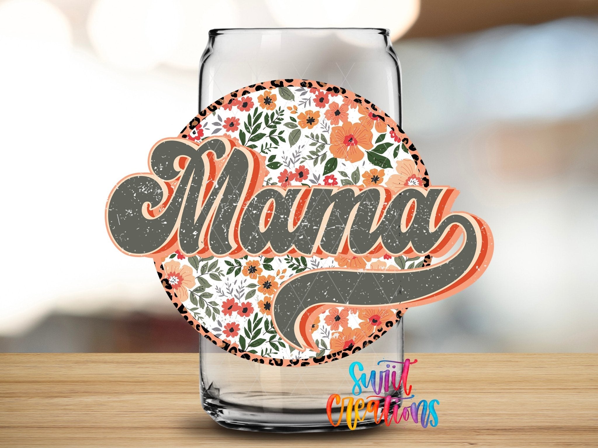 Mama UV DTF Decal | Floral Retro Leopard Glass Can Wrap | UV624 - Swiit Creations