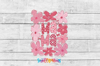 Mama pink coquette flowers UV DTF transfer artwork on a white wood background
