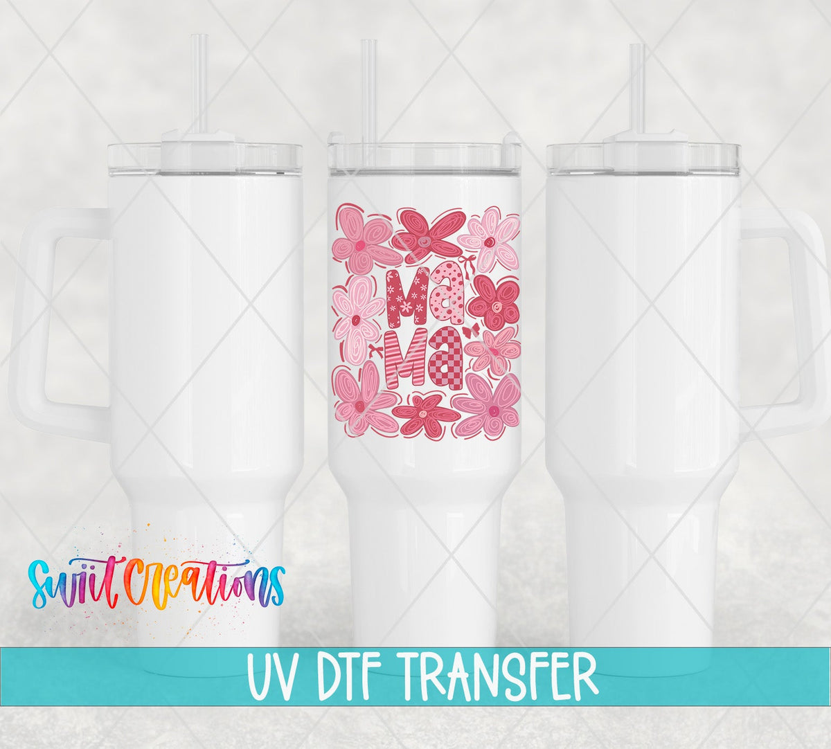 Mama pink coquette flowers UV DTF transfer on white 40 oz tumblers