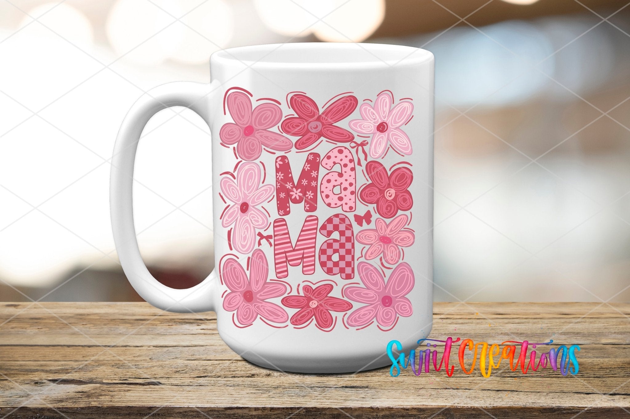 Mama UV DTF transfer displayed on a white ceramic mug from Swiit Creations