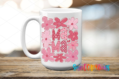 Mama pink coquette flowers UV DTF transfer on a white ceramic coffee mug