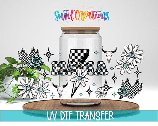 Mama UV DTF Transfer Tumbler Wrap Checkerboard Lightning Skull Floral | DTF319 - Swiit Creations
