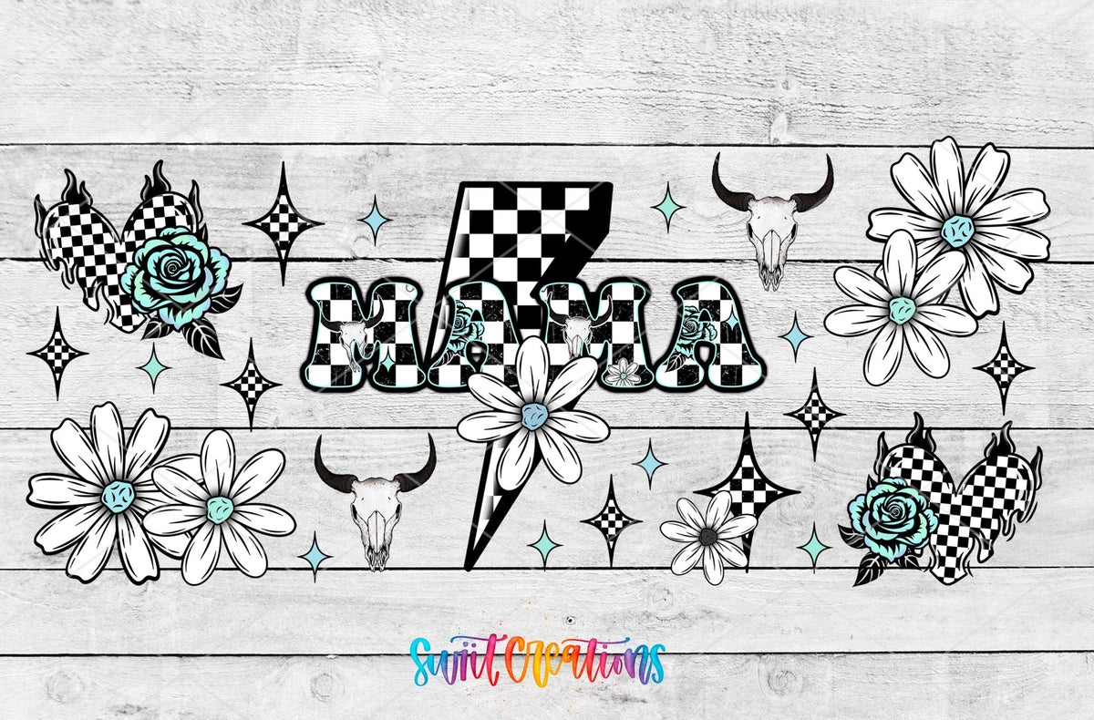 Mama checkered lightning bolt and daisies UV DTF full wrap artwork on a white wood background