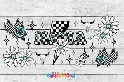 Mama checkered lightning bolt and daisies UV DTF full wrap artwork on a white wood background
