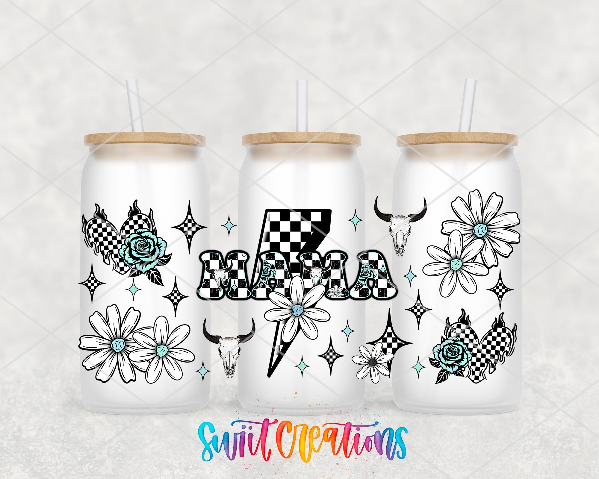 Mama UV DTF Transfer Tumbler Wrap Checkerboard Lightning Skull Floral | DTF319 - Swiit Creations