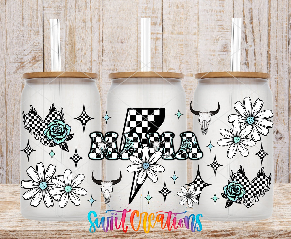 Mama checkered lightning bolt and daisies UV DTF full wrap on three clear glass cans with bamboo lids