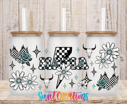 Mama checkered lightning bolt and daisies UV DTF full wrap on three clear glass cans with bamboo lids