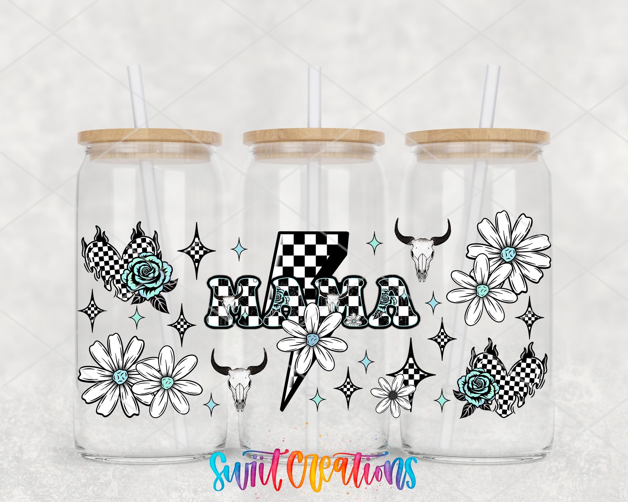 Mama UV DTF Transfer Tumbler Wrap Checkerboard Lightning Skull Floral | DTF319 - Swiit Creations