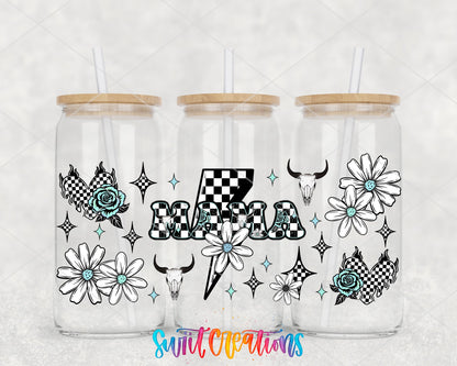 Mama checkered lightning bolt and daisies UV DTF full wrap on three glass cans