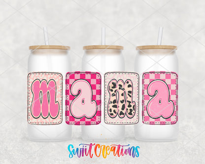 Mama pink checkered patches UV DTF wrap on three frosted glass cans