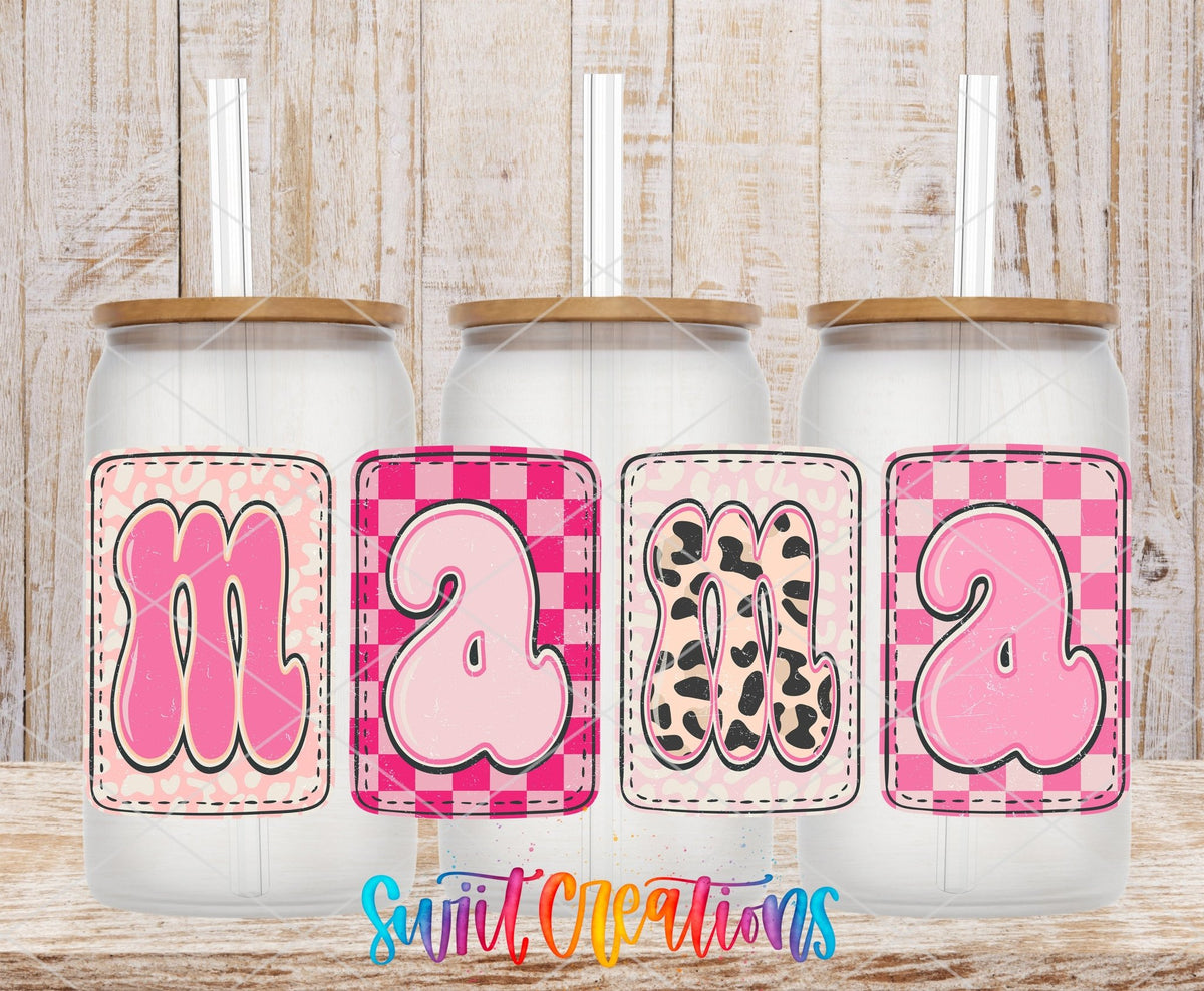 Mama pink checkered patches UV DTF wrap on three clear glass cans with bamboo lids