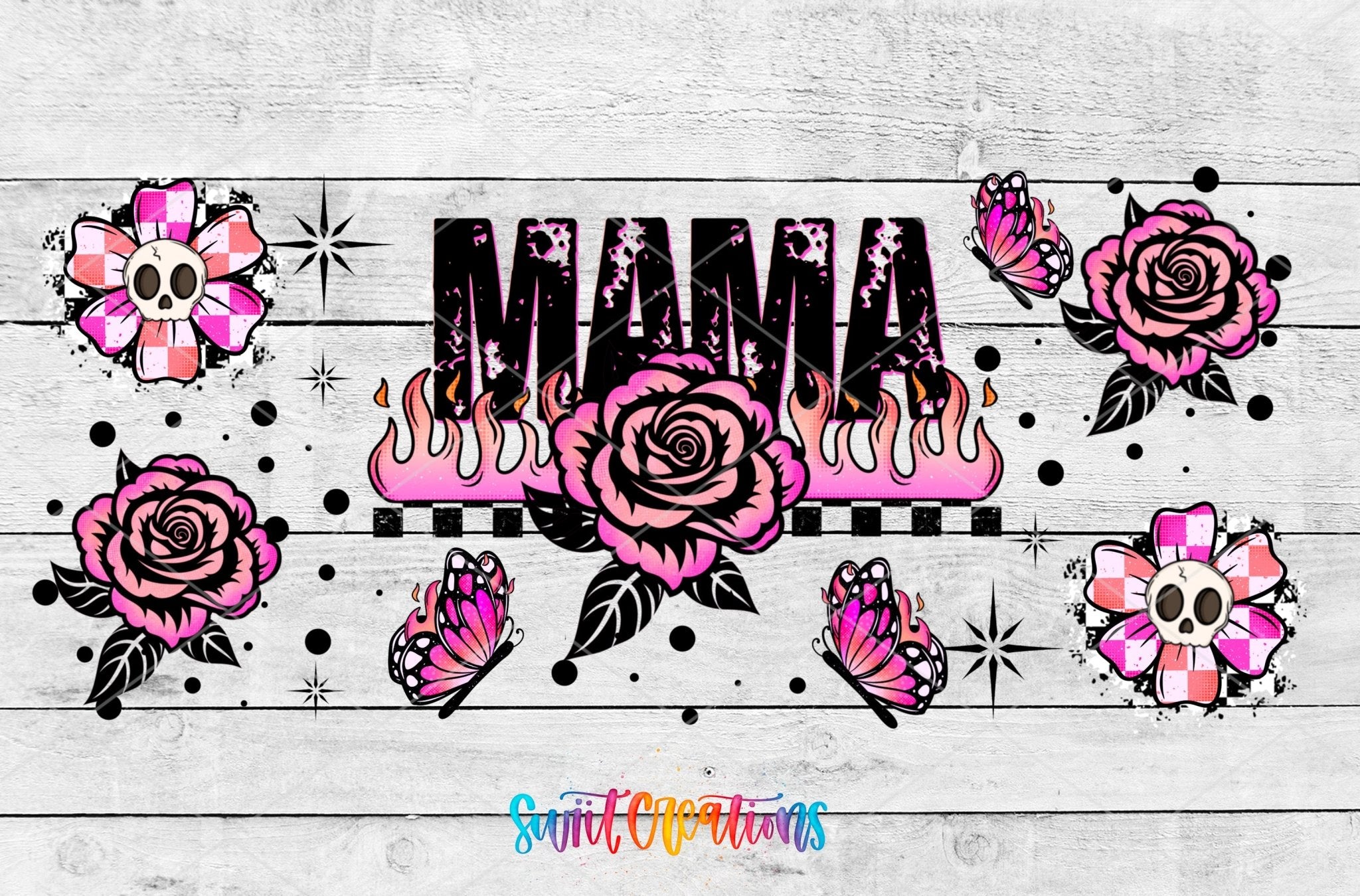 Mama UV DTF Transfer Tumbler Wrap Pink Rose Butterfly Skull Design | DTF317 - Swiit Creations