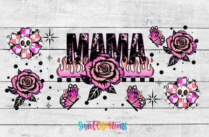 Mama pink roses and flames UV DTF full wrap artwork on a white wood background