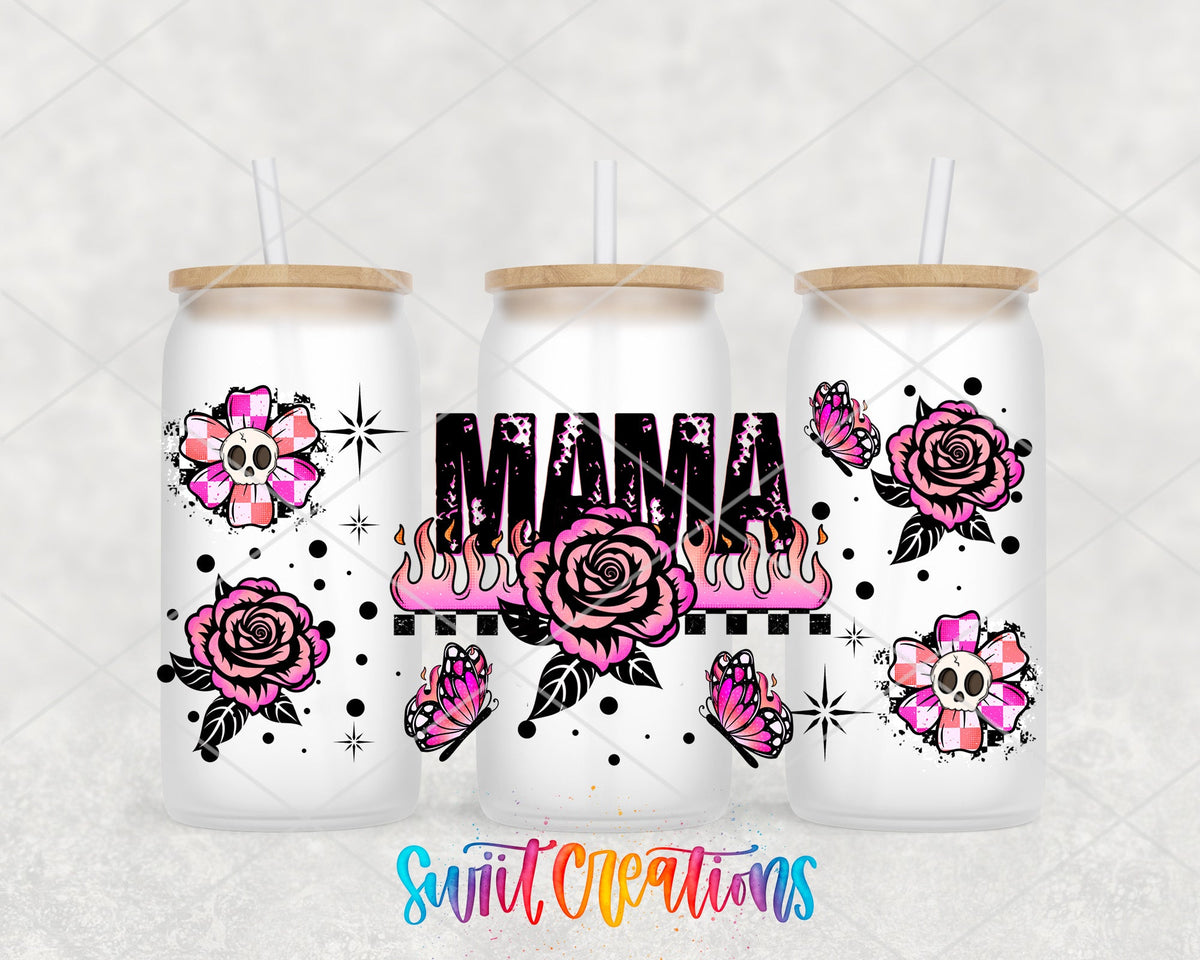 Mama pink roses and flames UV DTF full wrap on three frosted glass cans
