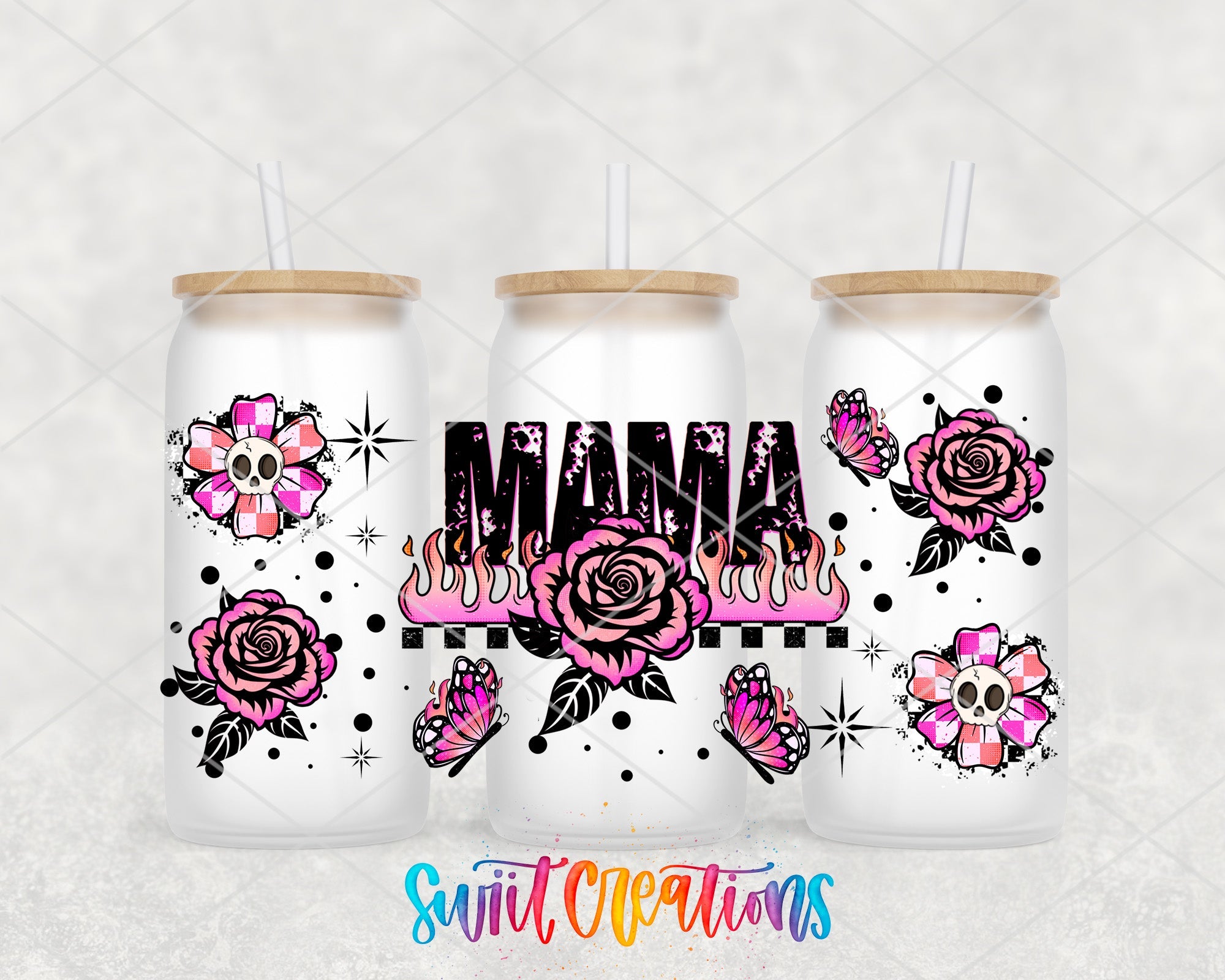 Mama UV DTF Transfer Tumbler Wrap Pink Rose Butterfly Skull Design | DTF317 - Swiit Creations