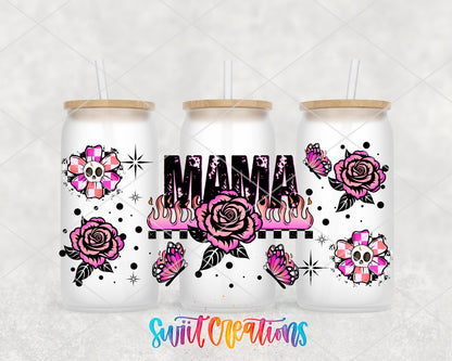 Mama pink roses and flames UV DTF full wrap on three frosted glass cans