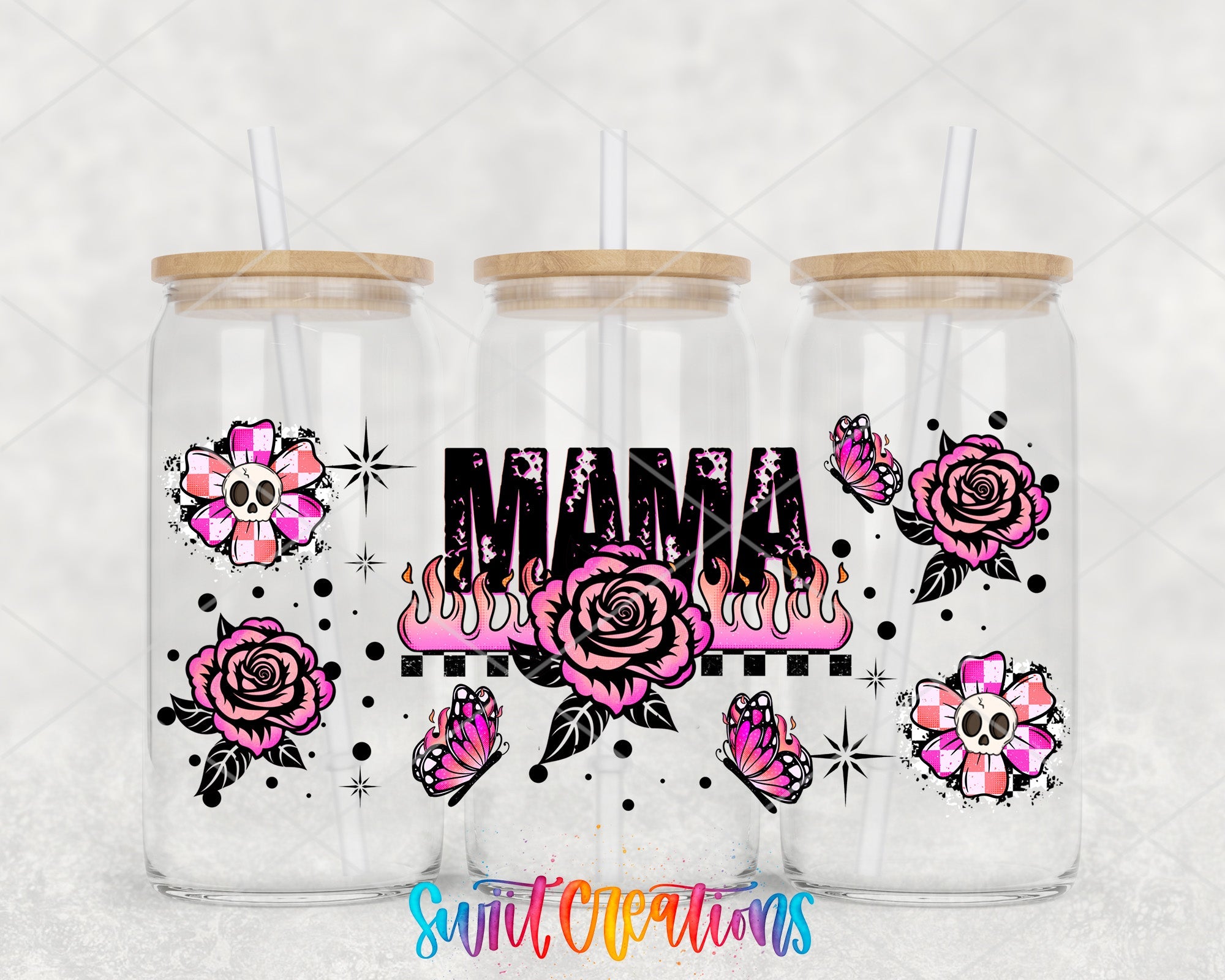 Mama UV DTF Transfer Tumbler Wrap Pink Rose Butterfly Skull Design | DTF317 - Swiit Creations
