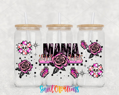 Mama pink roses and flames UV DTF full wrap on three glass cans