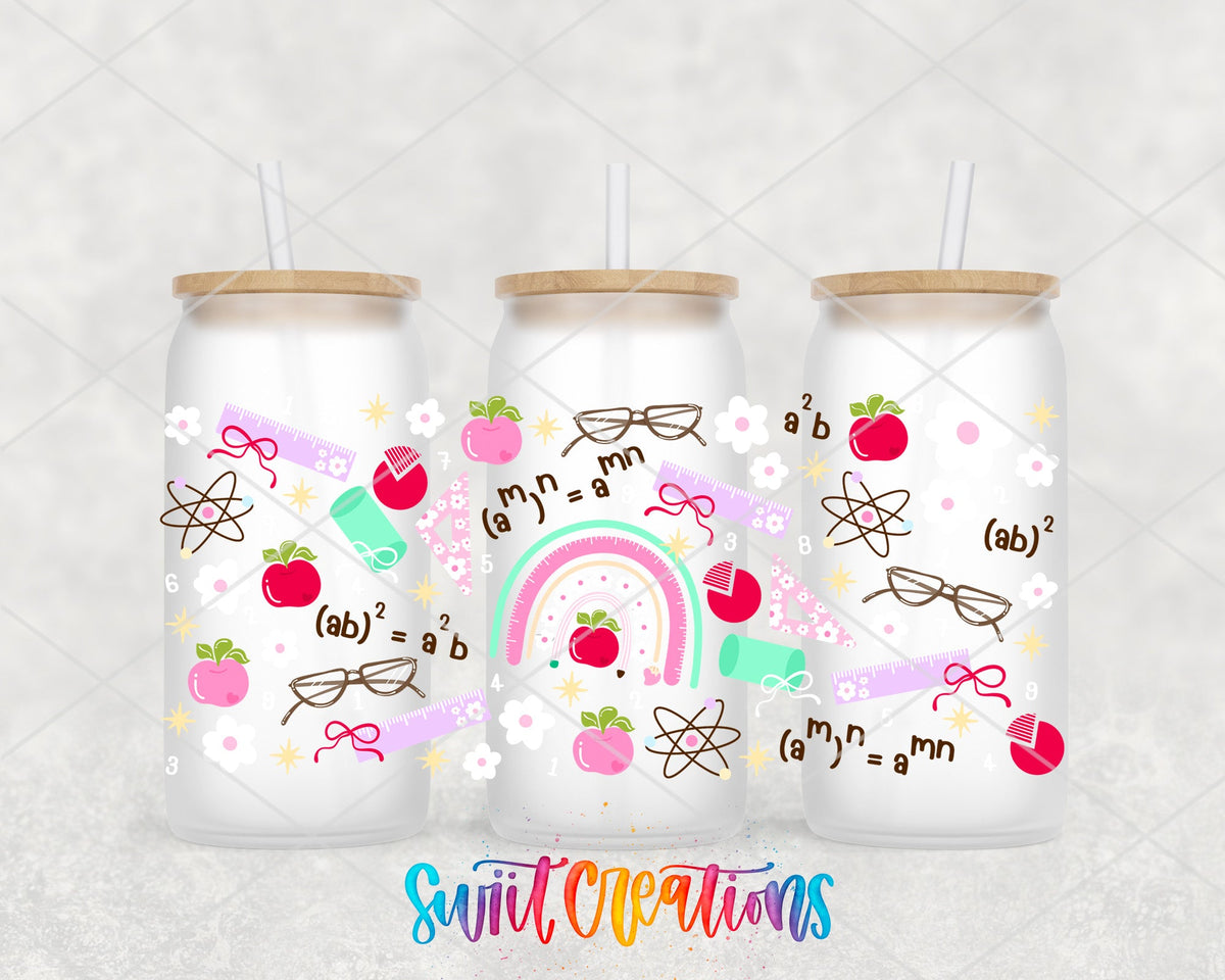 Math Time UV DTF full wrap on three frosted glass cans