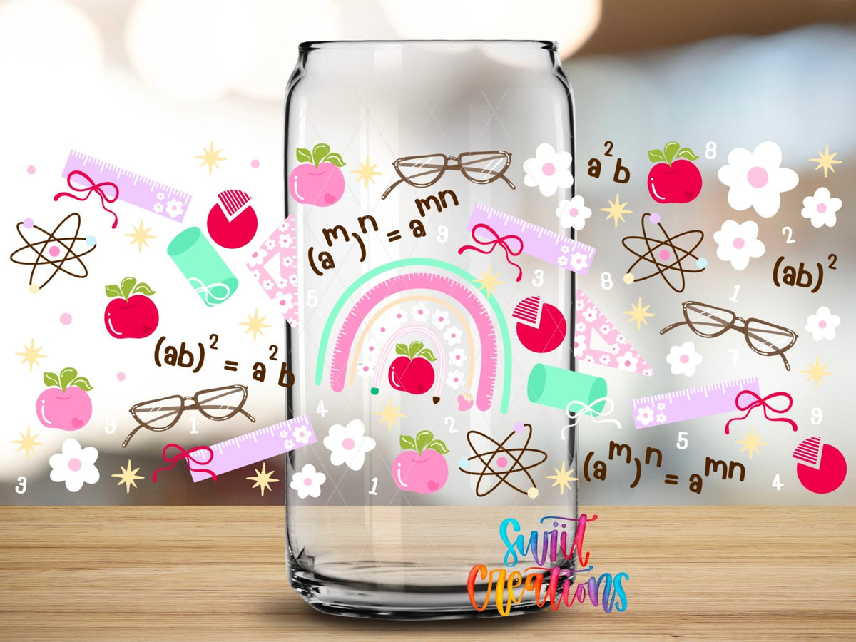 Close-up of the Math Time UV DTF full wrap on a clear glass can