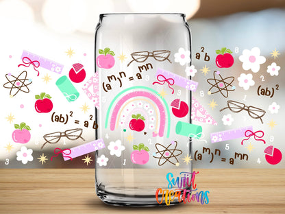 Close-up of the Math Time UV DTF full wrap on a clear glass can
