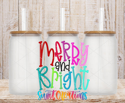 Merry and Bright colorful hand lettering UV DTF transfer on frosted glass cans with bamboo lids