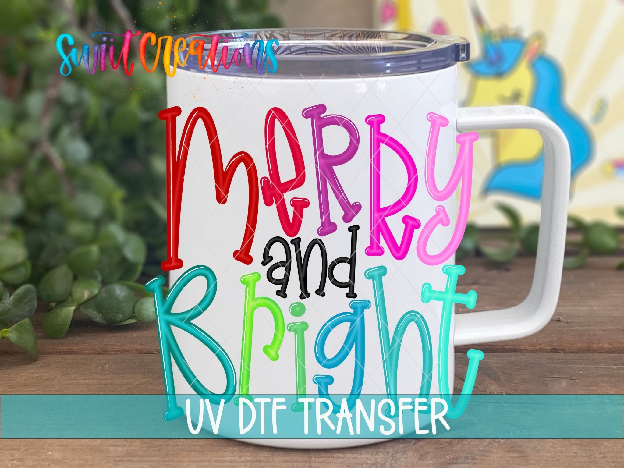 Swiit Creations UV DTF Merry And Bright Christmas transfer displayed on a white coffee mug