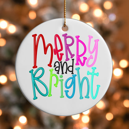 Merry and Bright ornament UV DTF transfer on a round white ornament with a bokeh light background
