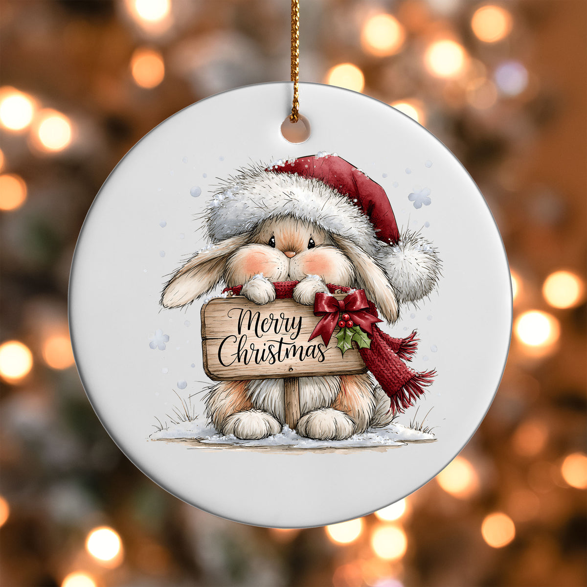 Merry Christmas Bunny ornament UV DTF transfer on a round white ornament with a bokeh light background