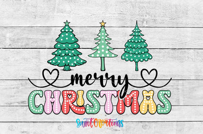 Merry Christmas Polka Dot Trees UV DTF wrap artwork on a white wood background
