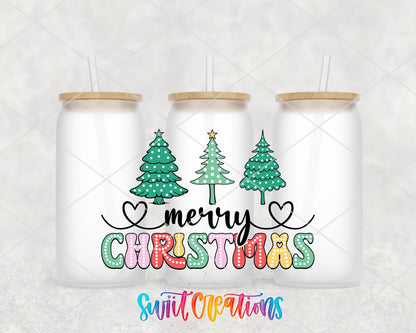 Merry Christmas Polka Dot Trees UV DTF wrap on three frosted glass cans