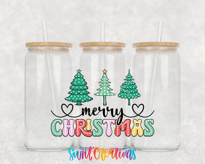 Merry Christmas Polka Dot Trees UV DTF wrap on three glass cans
