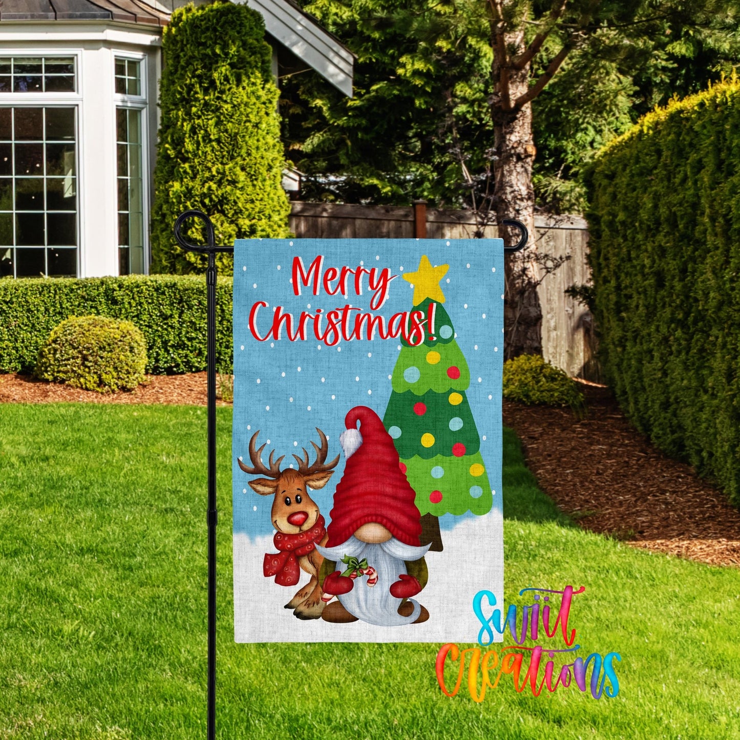 Merry Christmas Gnome Garden Flag | Holiday Yard Flag | Reindeer Outdoor Decor | Christmas Tree Porch Decoration | YF74 - Swiit Creations