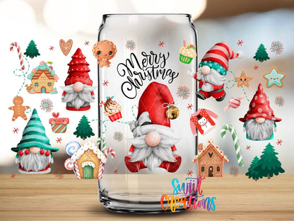 Close-up of the Merry Christmas Gnomes UV DTF wrap on a clear glass can