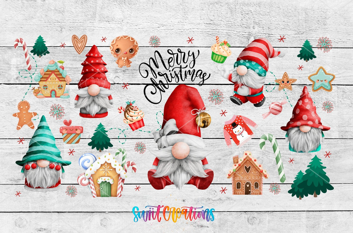 Merry Christmas Gnomes UV DTF wrap artwork on a white wood background