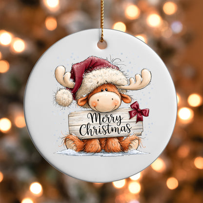 Merry Christmas Moose ornament UV DTF transfer on a round white ornament with a bokeh light background