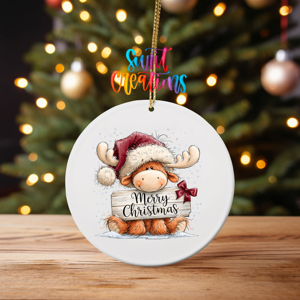 Merry Christmas Moose ornament UV DTF transfer on an ornament on a wooden table with tree lights behind it