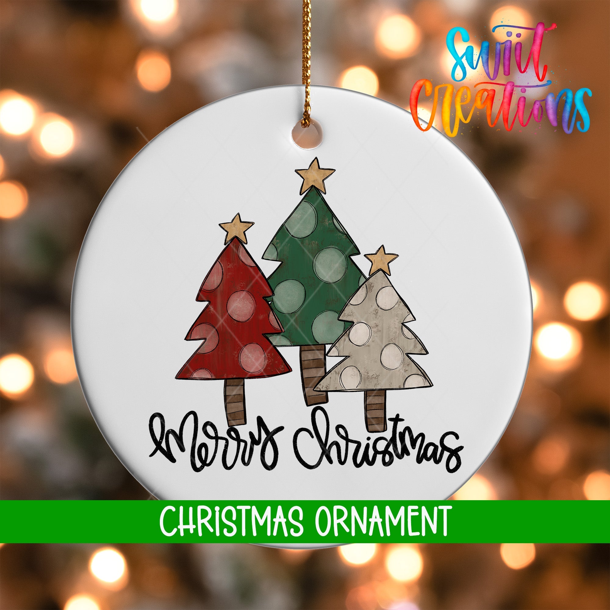 Merry Christmas Ornament | Rustic Polka Dot Tree Holiday Ornament | Handmade Festive Tree Decoration | O1742 - Swiit Creations