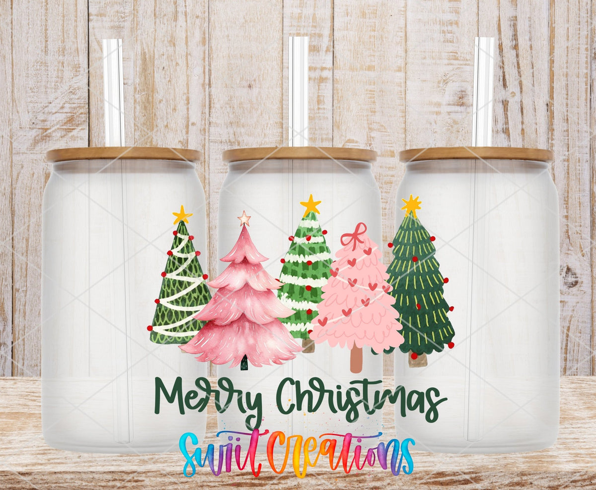 Merry Christmas Pink and Green Trees UV DTF transfer on frosted glass cans with bamboo lids