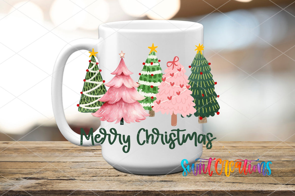 Merry Christmas Pink and Green Trees UV DTF transfer on a white ceramic coffee mug