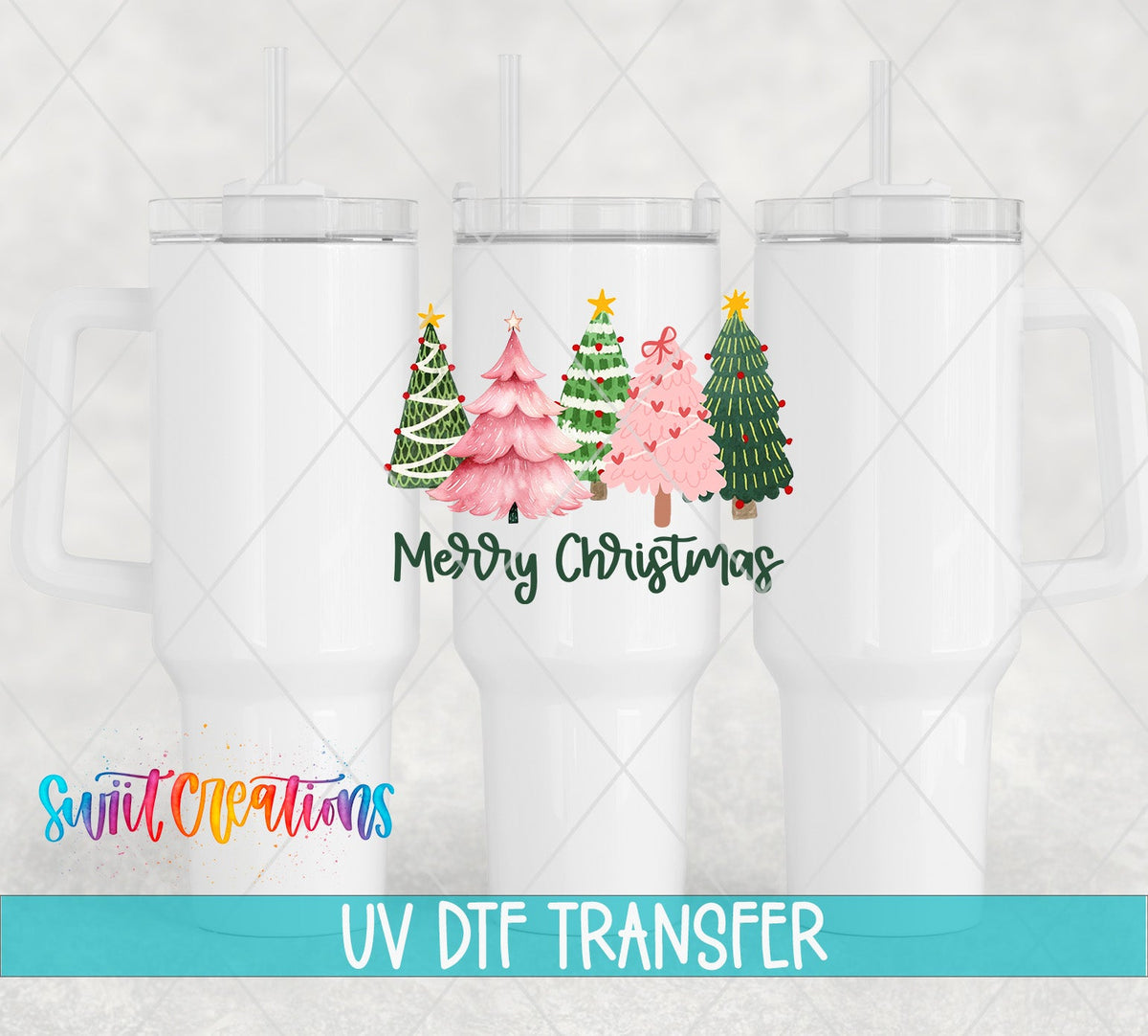 Merry Christmas Pink and Green Trees UV DTF transfer on white 40 oz tumblers