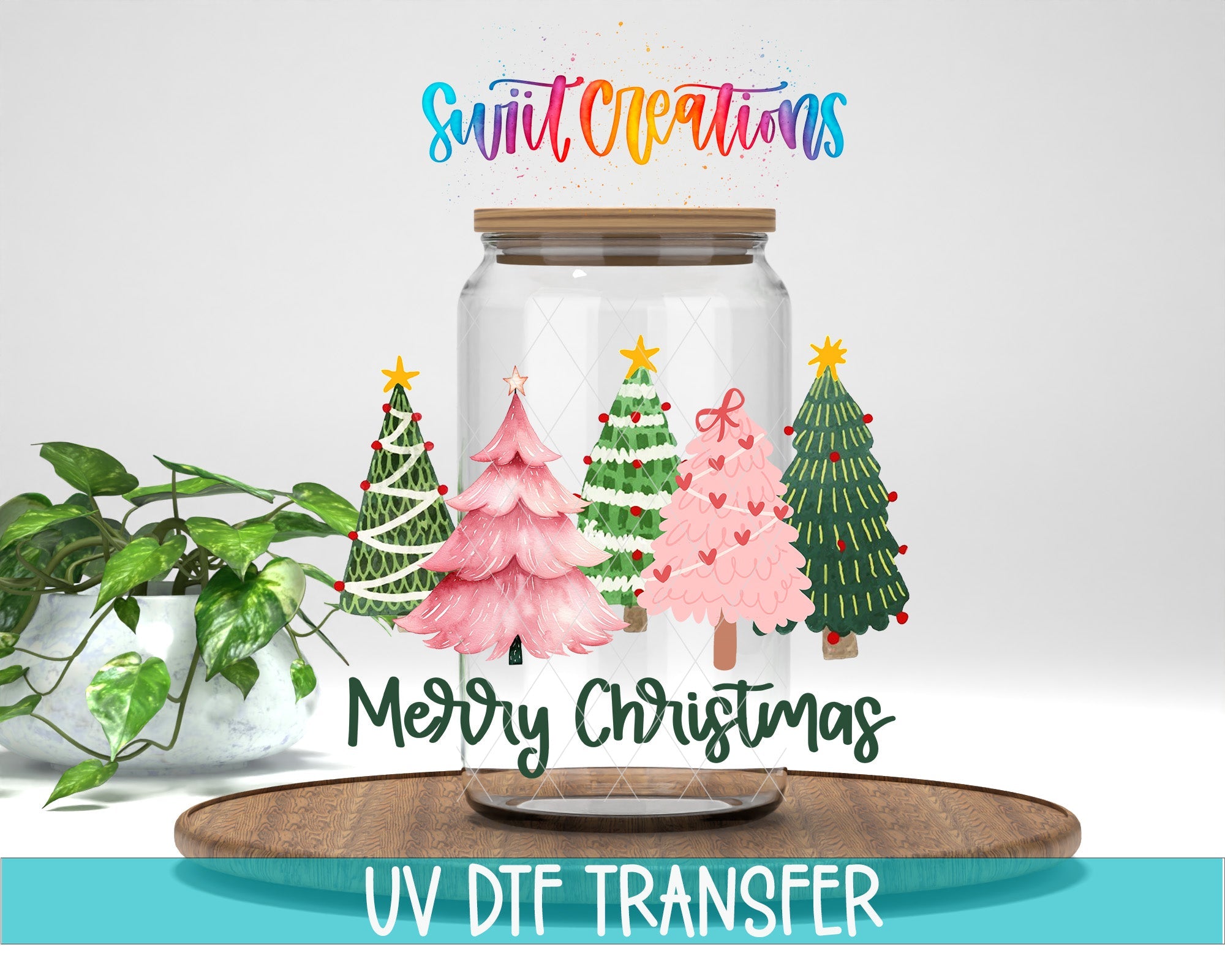 Swiit Creations UV DTF Merry Christmas Pink And Green Trees transfer displayed on a clear jar mockup