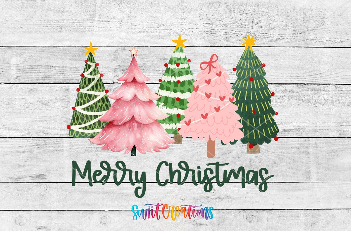 Merry Christmas Pink and Green Trees UV DTF transfer artwork on a white wood background