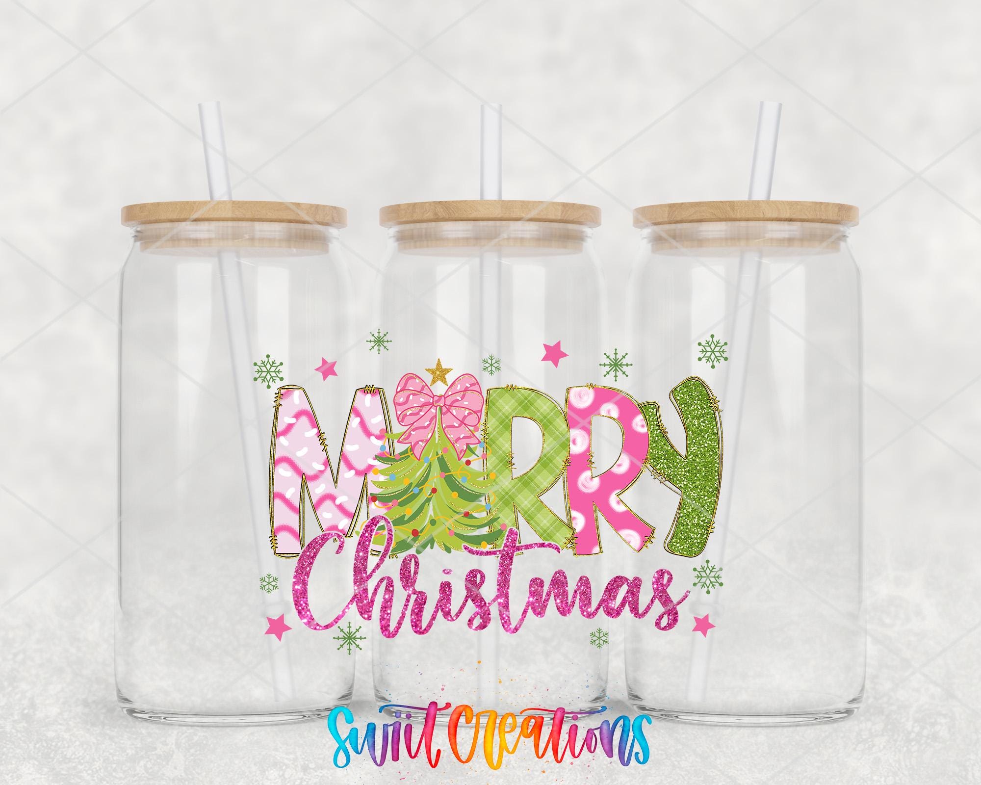 Merry Christmas Pink Green Tree UV DTF Transfer Tumbler Wrap | DTF245 - Swiit Creations