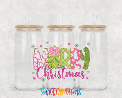 Merry Christmas Coquette Bow UV DTF wrap on three glass cans