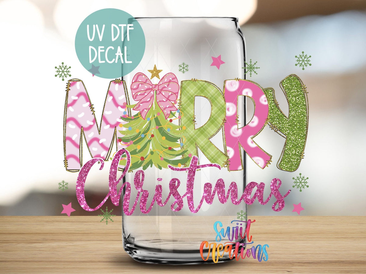 Close-up of the Merry Christmas Coquette Bow UV DTF wrap on a clear glass can